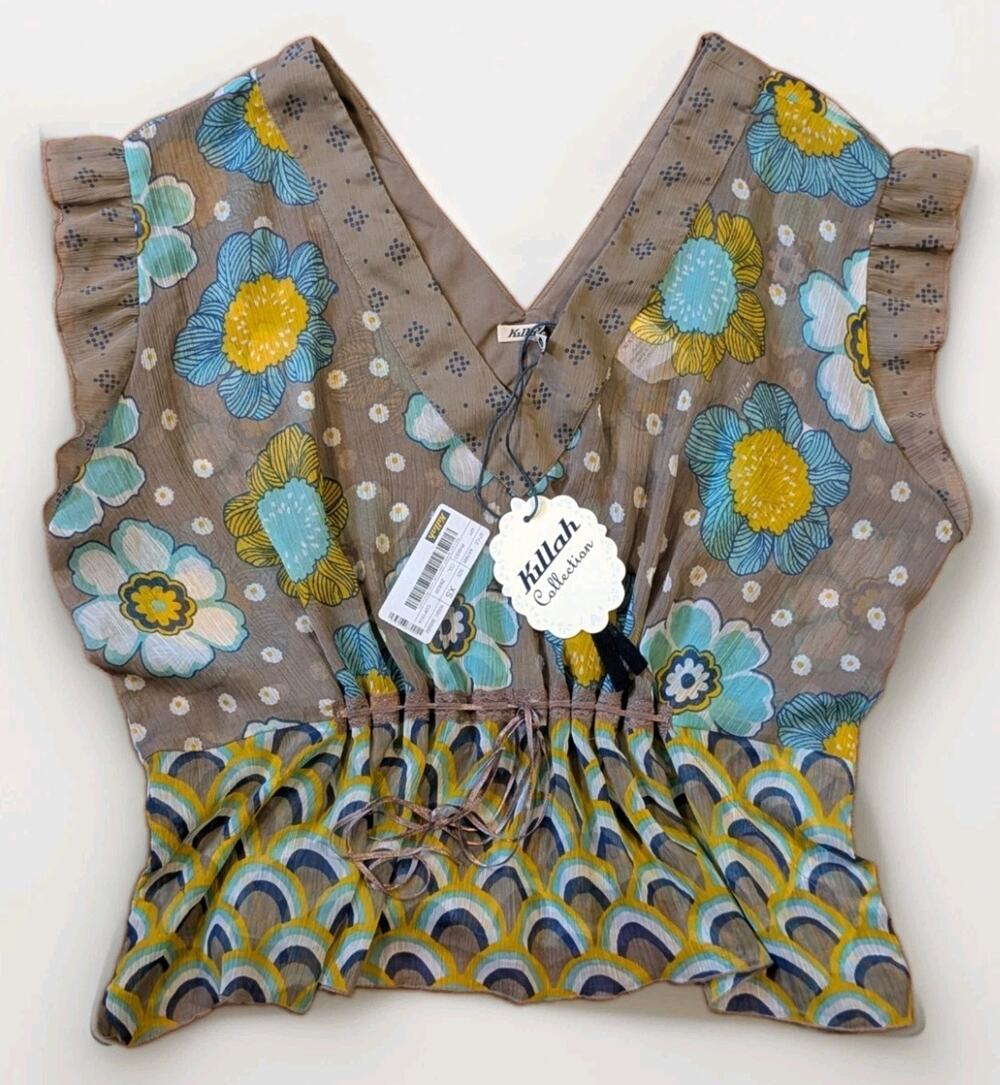 Killah Collection Womens XS Top Y2K Floral Boho Lace Up Halter Ruffle NWT